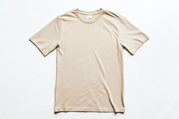 Naklejka premium A plain beige T-shirt is laid flat against a white background, displaying a simple yet elegant design that emphasizes comfort and understated style.