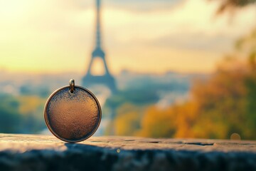 A shot of a medal placed on a surface, with the Eiffel Tower appearing faded in the background, evoking a sense of victory, nostalgia, and the allure of Paris at dusk.