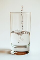 Water being poured into a clear glass, capturing droplets in mid-air.