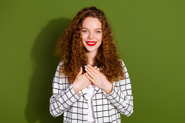 Photo portrait of pretty young girl touch chest grateful wear trendy white plaid outfit isolated on...
