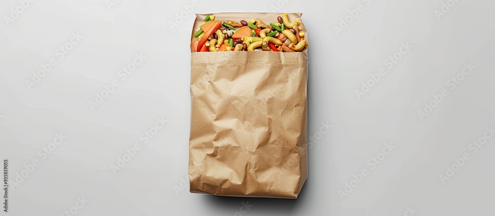 Poster paper bag filled with various healthy foods isolated on a white background top view. copy space imag
