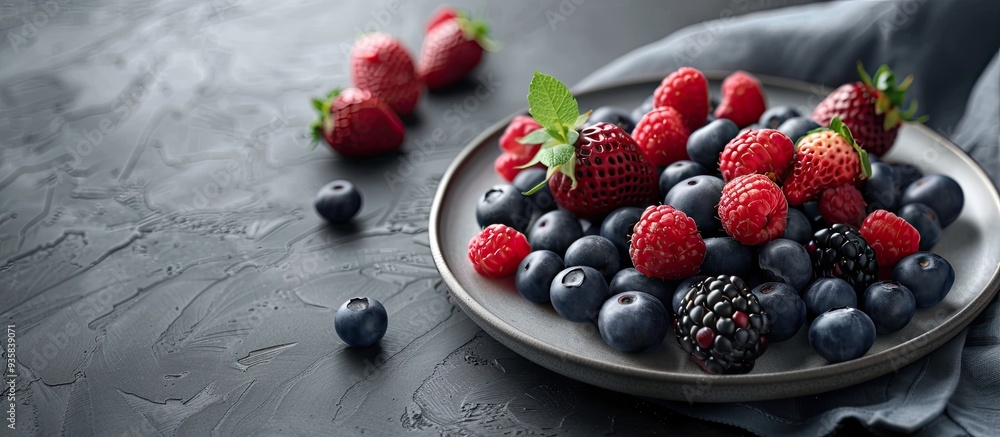 Poster a complete plate of fresh berries on the napkin. copy space image. place for adding text and design