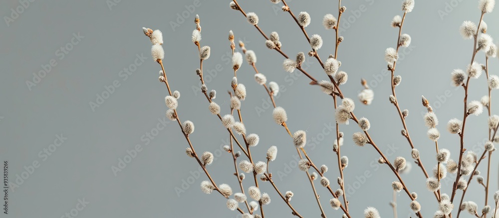 Aufkleber pussy willow branches set against a grey background. copy space image. place for adding text and des