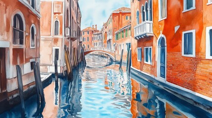 Obraz premium Colorful watercolor painting of a picturesque canal with traditional buildings in Venice, Italy, featuring reflections on the water.
