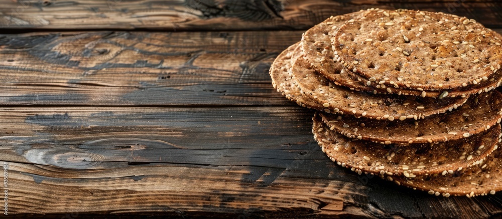Poster whole grain rye crispbreads resting on a wooden background. copy space image. place for adding text 