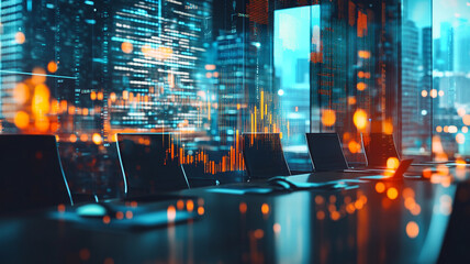 A modern conference room with a stunning city skyline view, showcasing data analytics and vibrant city lights at dusk