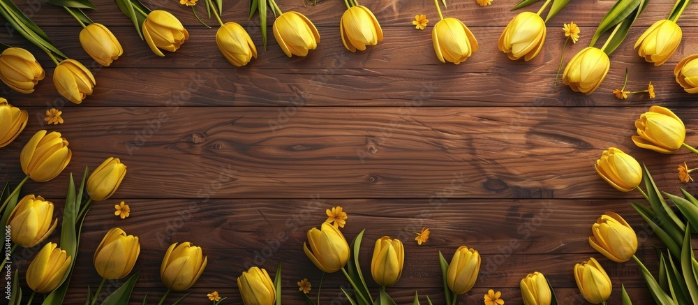 Aufkleber background of yellow tulips in spring on a wooden surface. copy space image. place for adding text a