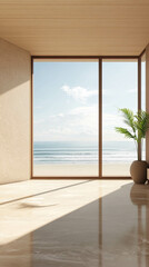 Fototapeta premium Vertical photo of an empty light beige living room with a large window with ocean views