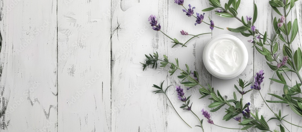Poster cosmetic products featuring lavender and thyme leaves on a white wooden table background. copy space