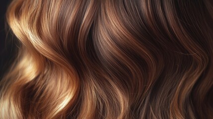 Fototapeta premium Beautiful wavy hair showcases rich brown tones with radiant golden highlights, capturing natural shine in soft lighting.