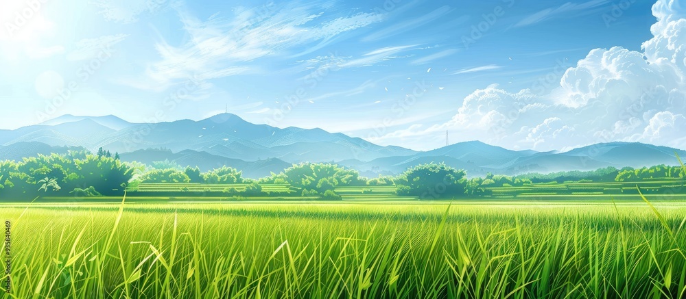 Poster countryside view following rice planting. copy space image. place for adding text and design