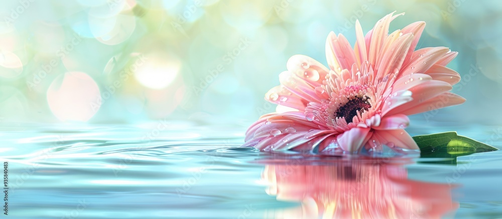 Poster close up of a pink gerbera flower in soft focus with a bokeh water background. copy space image. pla