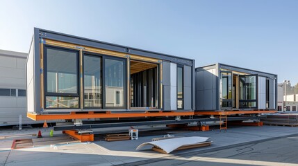 Fototapeta premium Innovations in prefabricated building components accelerating construction site building timelines.