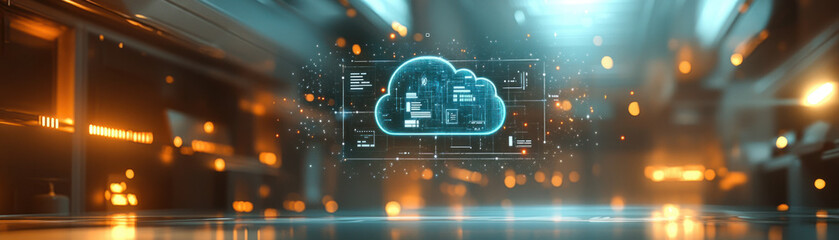 Naklejka premium Cloud file integration, A high-tech hologram illustrating file integration in a cloud network, with luminous data connections and graphical representations, in a futuristic office