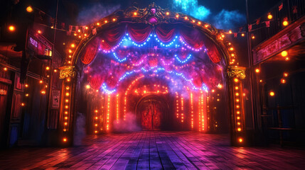 Obraz premium Halloween Circus, A lively Halloween circus stage adorned with colorful lights, smoke effects, and a grand arched entrance, perfect for events and performances