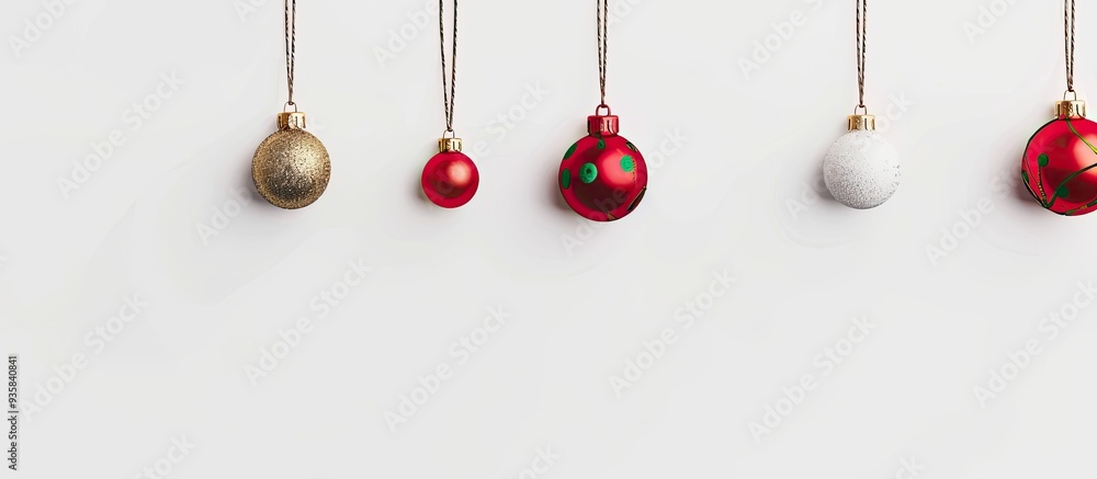 Poster christmas decorations hanging with a rope on a white background flat lay top view. copy space image.