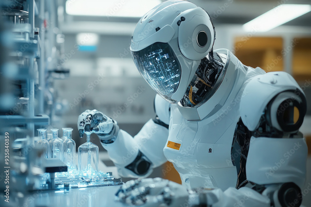 Poster futuristic robot is carefully handling vials in a high-tech laboratory, showcasing the advancements 