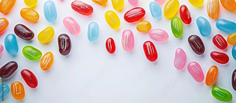 Poster flat lay arrangement featuring delicious jelly beans on a light background area for text. copy space