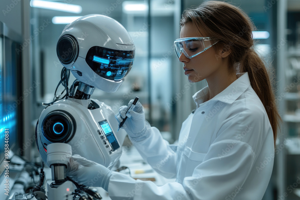 Poster a female lab worker sets up a program for a futuristic robot and gives it further instructions for i