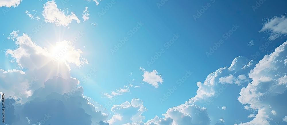Poster bright blue sky with clouds showcasing the beauty of nature. copy space image. place for adding text