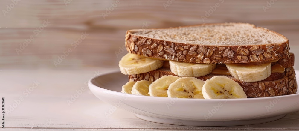 Poster whole wheat sandwich with peanut butter and banana on a plate. copy space image. place for adding te
