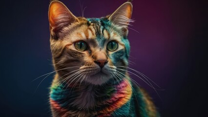 Chic and vibrant feline. hues of the rainbow. The idea of diversity, tolerance, and inclusion. Being different and distinct. Chic cat. AI generative.