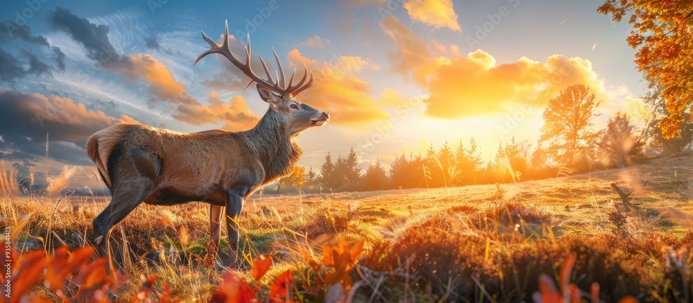 Poster red deer standing on a green meadow during an autumn sunset. copy space image. place for adding text