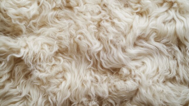 Fluffy sheepskin carpet texture background, top view