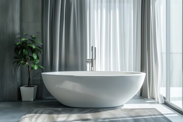 Modern Bathroom Design with a Bathtub, Curtians and a Plant