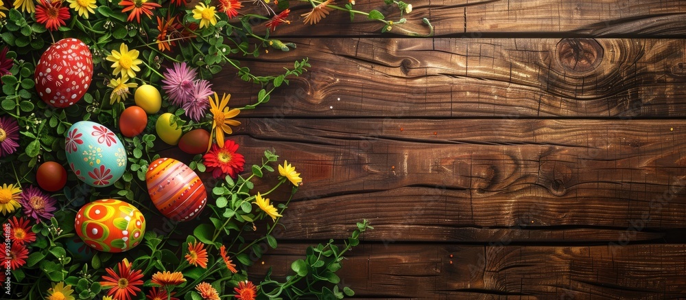 Poster top view of vibrant easter eggs alongside flowers on a wooden table. copy space image. place for add