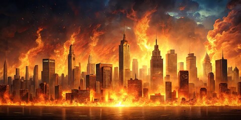 Fototapeta premium A cityscape engulfed in flames from a fierce wildfire