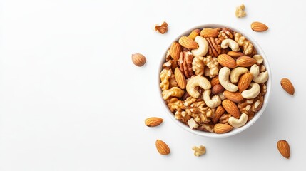 An overhead shot shows a white bowl brimming with various nuts including almonds, cashews, and walnuts, with additional nuts scattered around the bowl on a white backdrop.