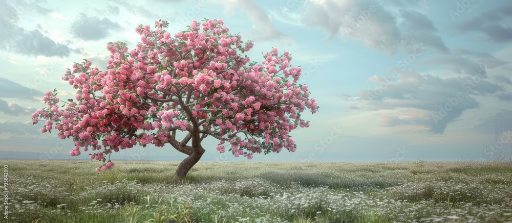 Poster flowering apple tree. copy space image. place for adding text and design