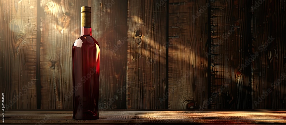 Poster embellished wine bottle on wooden backdrop. copy space image. place for adding text and design