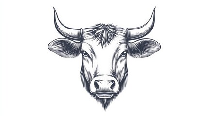 Fototapeta premium Detailed monochrome illustration of a cow's head with prominent horns, showcasing fine line artistry and realism.