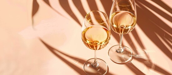 Two glasses of white wine in pale pink tinted glass featuring palm leaf shadows cast by sunlight embody a creative summer drink minimal concept They are set against a peach colored background with am