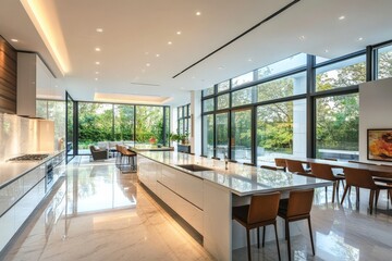 Fototapeta premium A large and luxurious kitchen space featuring multiple islands, floor-to-ceiling windows with lush garden views, sleek countertops, state-of-the-art appliances, and elegant dining area.