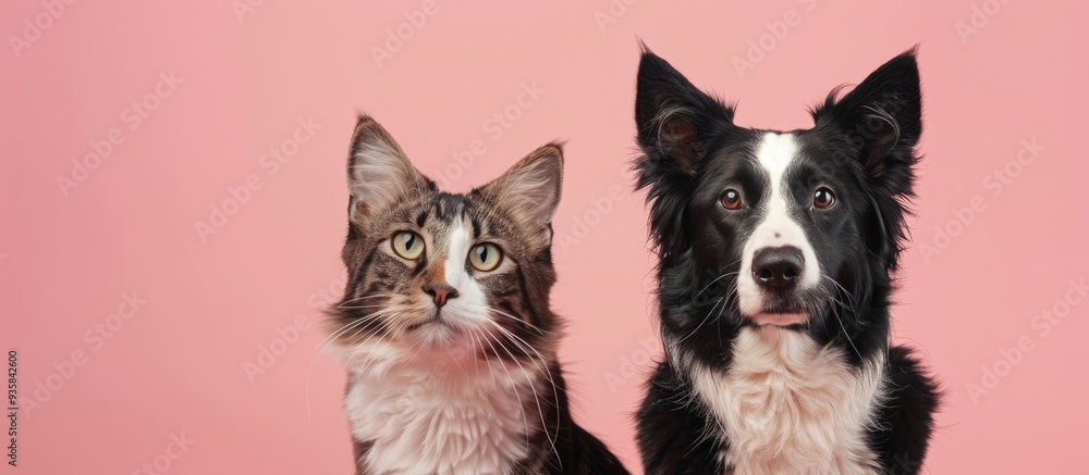 Aufkleber portrait of a tabby cat and a border collie sheepdog gazing at the camera against a pastel pink back
