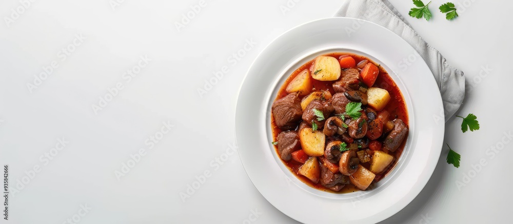 Poster beef stew containing potatoes and mushrooms on a white plate on the table. copy space image. place f