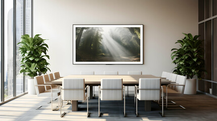 A boardroom with a neutral color palette and contemporary artwork
