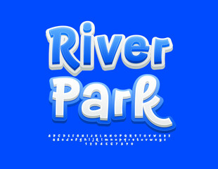 Vector funny banner River Park. Playful White and Blue Font. Handwritten Cool Alphabet Letters and Numbers set.