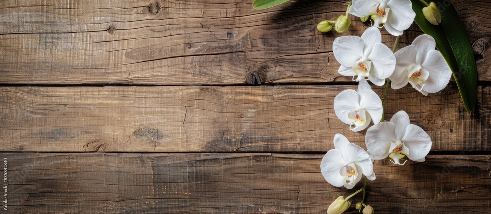 Canvas Prints White orchid on a wooden surface with copyspace