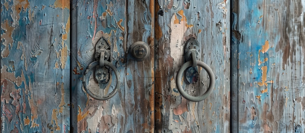 Poster close up of the handles on an old painted door. copy space image. place for adding text and design
