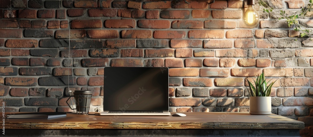 Poster Stylish office interior featuring a laptop on a table next to a brick wall Area for text. Copy space image. Place for adding text and design