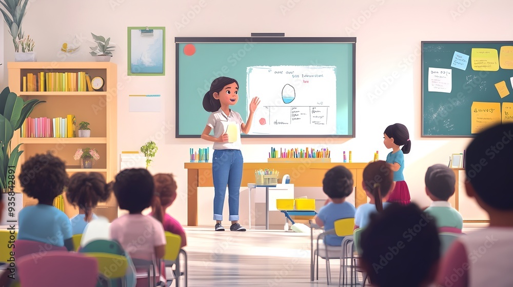 Poster of a teacher explaining to children in a classroom setting about proper hygiene and prevention metho