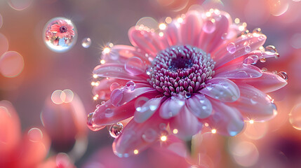 A vibrant macro shot of a blooming flower with a translucent 3D object floating nearby