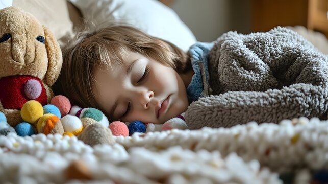 Sick child resting at home with toys blankets and other comfort items nearby while recovering from hand foot and mouth disease a common childhood illness