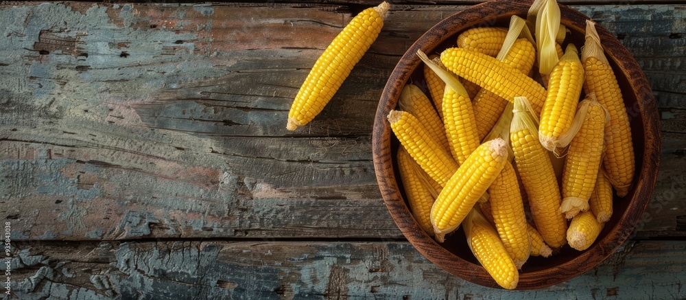 Aufkleber fresh yellow baby corns in a bowl on a wooden table closeup space for text. copy space image. place 