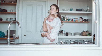 Mom, thinking or carrying baby in home or family house to relax with wellness, support or care together. Hug, holding and newborn with parent, woman or mother for bonding, trust or love by window