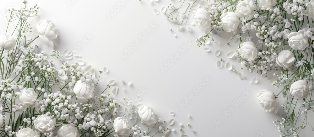 Sticker Fresh white gypsophila and peonies on a white background Wedding date An invitation to a celebration Congratulations An empty area for text Top view. Copy space image